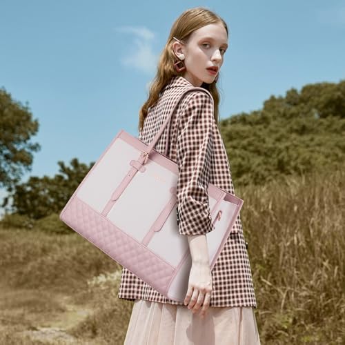 LOVEVOOK Laptop Bag for Women 15.6 inch Canvas Laptop Tote Bag, Large Capacity Work Bag with Clutch Purse, Computer Bag Office Business Briefcase, Casual Handbag for Travel College Teacher School - color: Sakura Pink, size: 15.6 inch