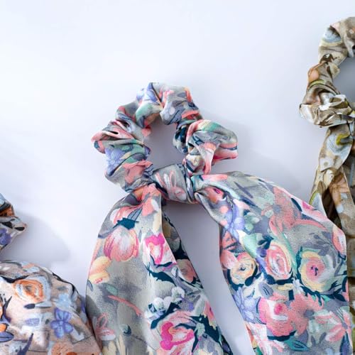 Boho Hair Scarf Scrunchies for Women Bow Hair Ties Floral Hair Scrunchies Silk Elastic Ponytail Holder Hair Accessories for Girls 4 pcs (Flower-4) - color: Flower-4