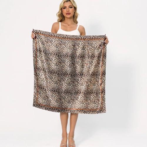 Leopard Print Head Scarf for Women Like Silk Satin Scarf for Hair Wrapping at Night Bandana Square Scarf 35 Inches - color: Light Coffee