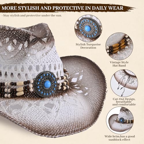 Straw Cowboy Hat for Men Womens Straw Cowgirl Hat Summer Western Cowboy Hats with Wide Brim for Cowgirls and Cowboys - color: White