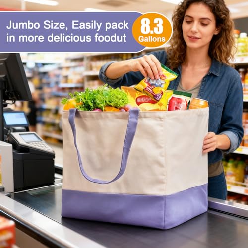 Reusable Grocery Bags Heavy Duty, 8.3 gal Foldable Large Canvas Tote Bag with Handles, Holds 60 lbs Canvas Shopping Bags, 1 Pack（Off White+Light purple） - color: [A1] Off White / Light Purple, size: 1 Pack