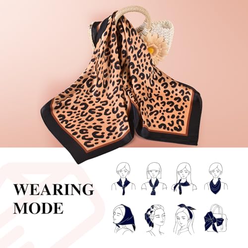 27.5 Inches Silk Head Scarf for Women Satin Hair Scarf Silk Wrap Neck Square Scarves Feeling Scarf Boho Headwear - color: Leopard Coffee