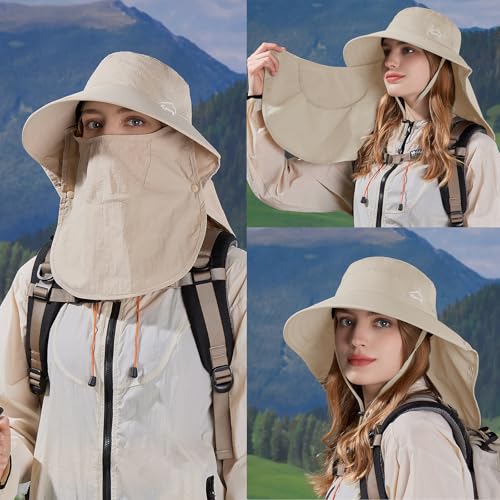 Sun Hat for Men Women with Neck Flap,UPF 50+ UV Protective Hiking Fishing Hats,Wide Brim Sun Hat for Women&Men - color: 1pack-style2-beige(with Face Cover)