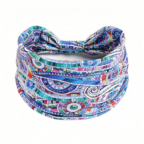 1 Pack Boho Headbands Stretch Paisley Print Bandana Headband Criss Cross Hair Bands Knotted Head Wrap Yoga Daily for Women and Girls (Blue Pattern) - color: Blue Pattern