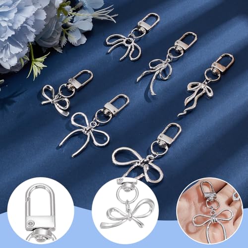 1 Box 6 Styles 6 Pcs Silver Bow Purse Charms Silver Bow Keychains Cute Alloy Elegant Bling Car Keys Decor Bowknot Key Chain Charms for Purse Handbag Backpack Gift Supplies Women Accessories - color: Silver