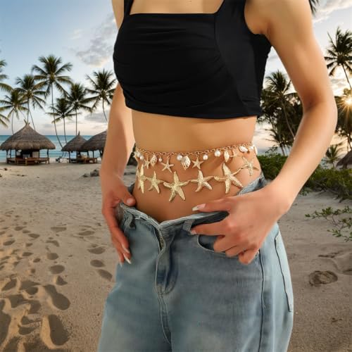 Seashell Starfish Waist Chain for Women Boho Conch Belly Body Chains Summer Beach Pearl Waist Body Jewelry