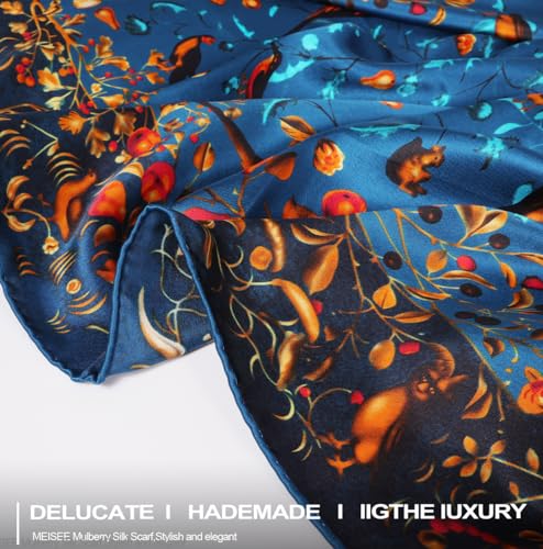 100% Pure Mulberry Silk Scarf 43”*43” Large Square Lightweight Headscarf Women’s Hair Wraps Shawls with Gift Packed - color: Blue Flower Bird