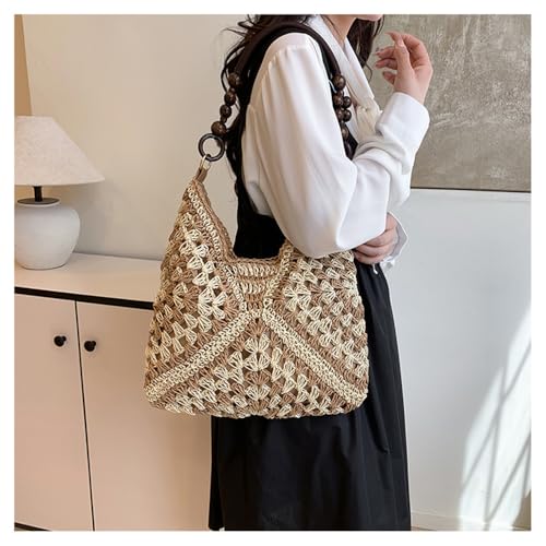 OANEXX Summer Straw Hobo Bags for Women Boho Woven Mesh Beach Tote Bag Large Capacity Crochet Vacation Shoulder Handbag - color: Deep Khaki