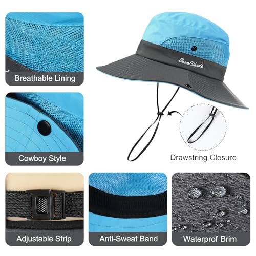 Womens Sun Hat - Sun Hats for Women with Ponytail Hole, Foldable Wide Brim Cooling Mesh Beach Fishing Hat for Outdoor - color: Blue & Grey
