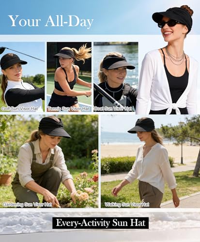 Zando Sun Visor Hats for Women - Beach Wide Brim Fashion Hat UV Protection Quick Dry Packable Summer Cap for Casual Sports - color: A Black