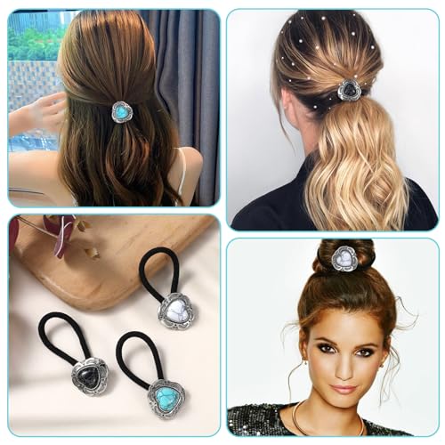 Ouligay 3 Pcs Western Ponytail Holders,Metal Boho Hair Ties with Turquoise,Boho Hair Ties Bracelet Hair Ties No Damage,Vintage Heart Hair Ropes,Silver Hair Bands,Hair Accessories for Women Girl