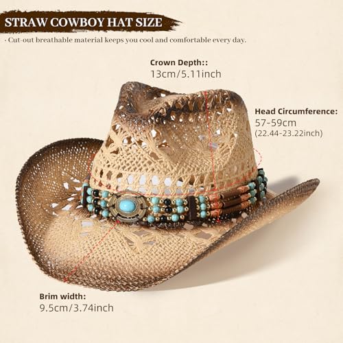 Straw Cowboy Hat for Men Womens Straw Cowgirl Hat Summer Western Cowboy Hats with Wide Brim for Cowgirls and Cowboys - color: Beige 5#