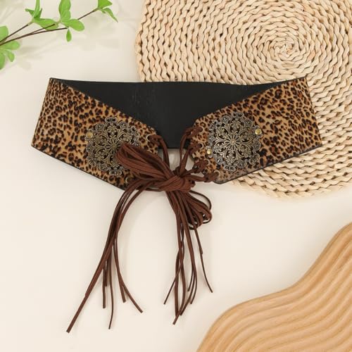 Women's Vintage Disc Renaissance-Corset-Belt 3.15" W Western Suede-Cinch-Belts w/Tassel-Closed for 25-40in Waist - color: Dark Khaki-leopard