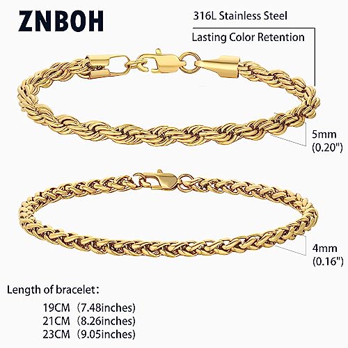 2Pcs Stainless Steel Bracelets for Men 14K Gold Plated Cuban Link Figaro Rope Silver Chain Bracelet Set Curb Width Sturdy Bracelet 7.5/8.3/9 Inches Jewelry Gifts for Dad Husband - color: E:Gold-Rope Link, size: Display Length: 7.5 Inches