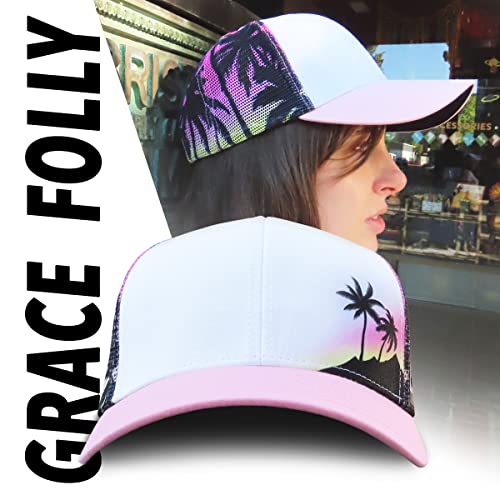 Grace Folly Beach Trucker Hats for Women- Snapback Baseball Cap for Summer - color: Pink Palm Tree- Mesh Print