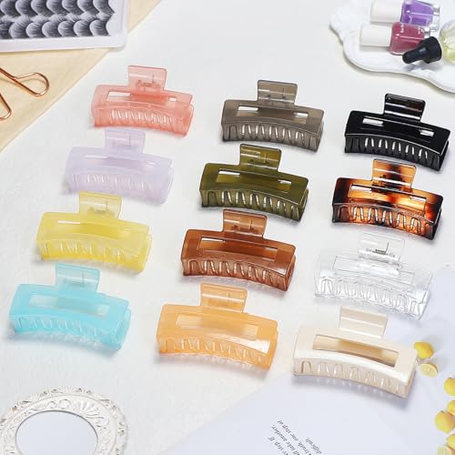 Sisiaipu 12 Pack Medium Square Claw Hair Clips, 3.5 x 2 x 1.1 inch, Shiny, 12 Colors, Hair Accessories for Women and Girls, Rectangular Rectangle Jaw Clips for Thick and Thin Hair Securing, 12 Pieces - color: Jelly