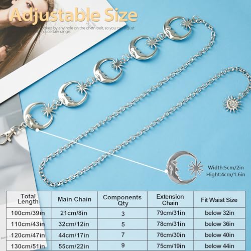 FIORETTO Chain Belt for Women Metal Waist Chain Fashion Multilayer Chain Belts for Dress - color: Moon-silver, size: Fit Waist up to 40"