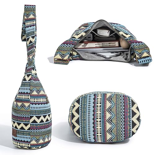 Coton Pose Women Hippie Crossbody Bag - Top Zip Large Capacity Canvas Sling Bag - Jacquard Cloth Handmade - color: Boho Green