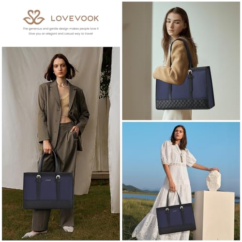 LOVEVOOK Laptop Bag for Women 15.6 inch Canvas Laptop Tote Bag, Large Capacity Work Bags with Clutch Purse, Computer Bags Office Business Briefcase, Casual Handbag for Travel College Teacher - color: Blue & Black, size: 15.6 inch