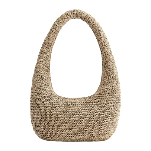 Straw Beach Bag for Women, Summer Tote Bag for Vacation, Hobo Shoulder Bag for Beach Wedding Travel - color: Brown