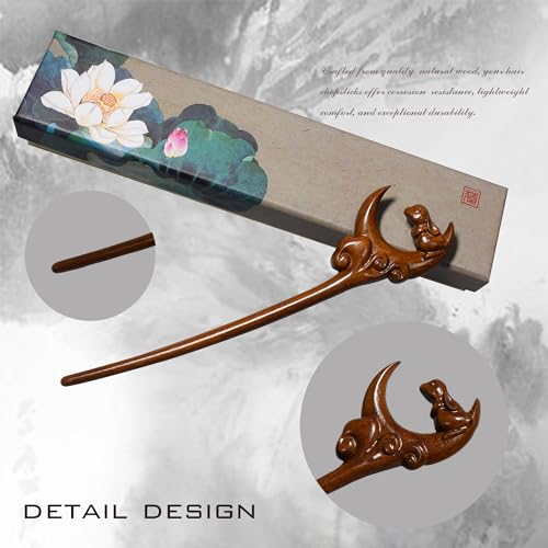 Traditional Chinese Hair Sticks, Retro Wooden Hair Pins, Used for Long Hair Accessories Buns, Hanfu Dressing Accessories（Rabbit for Mid-autumn Festival) - color: Rabbit for Mid-autumn Festival
