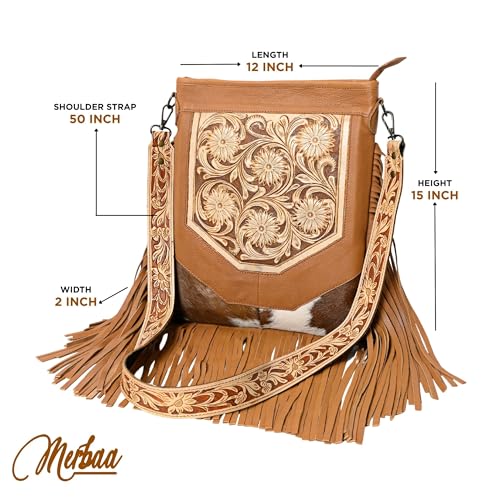 Merbaa Berlin hand-carved Fringed Shoulder Bag Natural Cowhide Hand Bag with Floral Hand Tooling - color: Tan