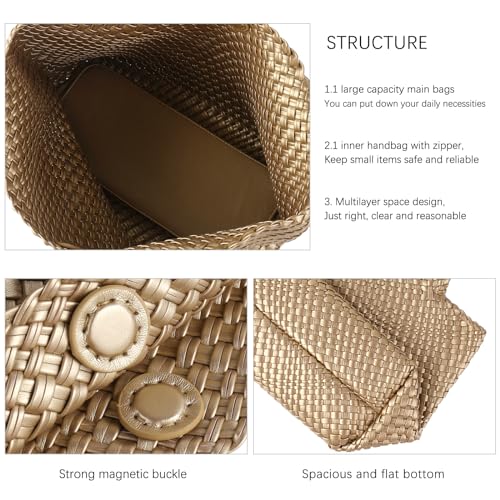 Handmade Woven Bag Satchel Handbag For Women Vegan Leather Tote Bag With Purses Travel Shoulder Bag Underarm Bag - color: Gold