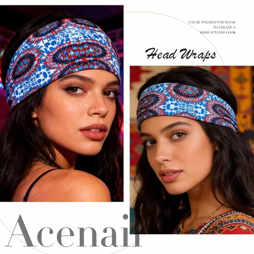 Acenail Boho Wide Headbands Knotted Hairbands Non Slip Printed Head Wraps Turban Workout Head Bands Elastic Yoga Hair Scarfs Bohemian Fashion Hair Accessories for Women 4Pcs (Fashion) - color: Fashion