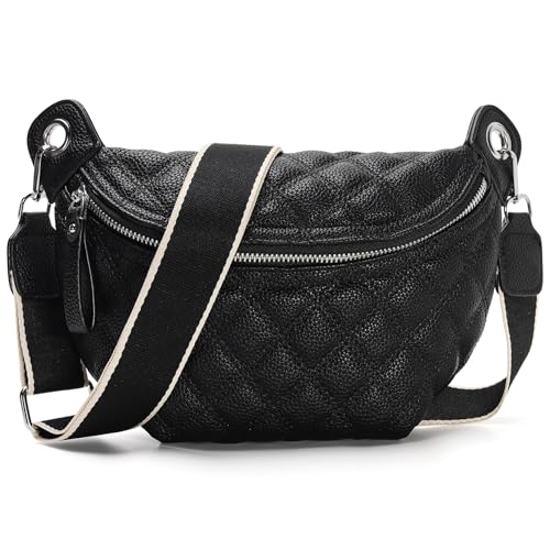 Women's Quilted Crossbody Waist Pack, PU Leather Fanny Pack Sling Bag with Adjustable Belt, Small Shoulder Purse for Travel, Daily Use (B-Black) - color: D-Black
