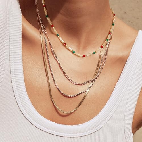 KissYan Beaded Choker Necklace for Women, Colorful Natural Gemstones Pearl Choker 14K Gold Plated Pendant Healing Crystal Necklace Handmade Stone Jewelry Gift - color: L-Shell Stone