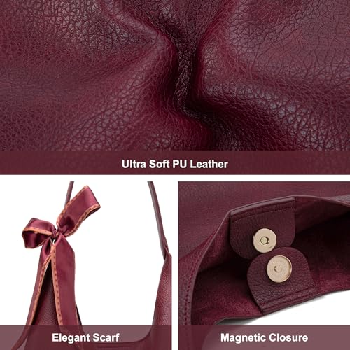 Montana West Slouchy Hobo Bag for Women Shoulder Purses and Handbags with Scarf - color: Burgundy Red