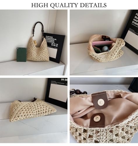 OANEXX Summer Straw Hobo Bags for Women Boho Woven Mesh Beach Tote Bag Large Capacity Crochet Vacation Shoulder Handbag - color: Beige