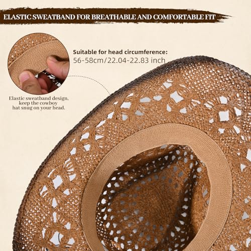 Straw Cowboy Hat for Men Womens Straw Cowgirl Hat Summer Western Cowboy Hats with Wide Brim for Cowgirls and Cowboys - color: Brown 3#