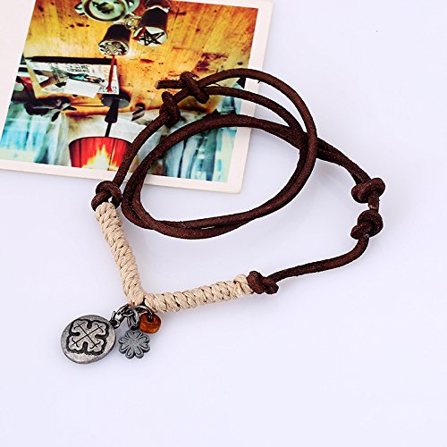 Leather Necklace with Stainless Steel Pendant for Men Women, Vintage Hemp Rope Tribal Choker Necklaces Adjustable 18-30 inch, Clasp-Free Long Necklace - color: Clover Pendant Hemp