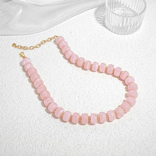 Summer Beach Jewelry Chunky Beaded Necklace for Women Trendy Statement Big Colorful Resin Bead Choker Necklaces Boho Charm Jewelry Cute Gifts for Love - color: Pink