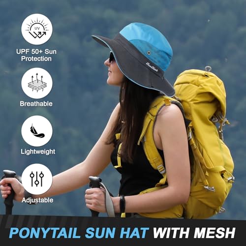 Womens Sun Hat - Sun Hats for Women with Ponytail Hole, Foldable Wide Brim Cooling Mesh Beach Fishing Hat for Outdoor - color: Blue & Grey