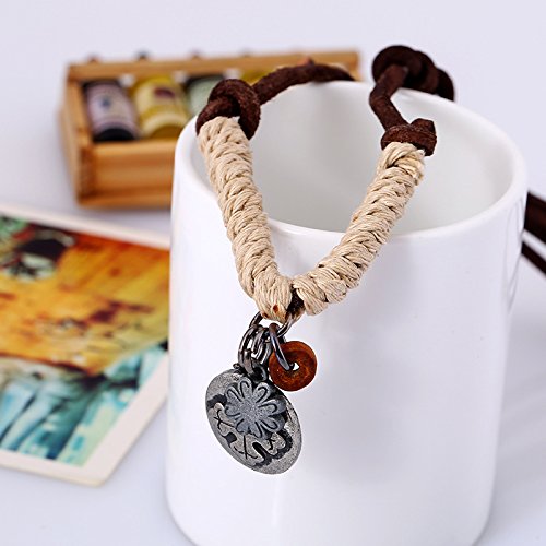 Leather Necklace with Stainless Steel Pendant for Men Women, Vintage Hemp Rope Tribal Choker Necklaces Adjustable 18-30 inch, Clasp-Free Long Necklace - color: Clover Pendant Hemp