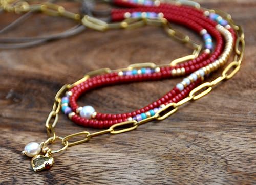 Beaded Choker Necklace for women and Teen Girls, Boho Bohemian Adjustable Colorful Seed Beads Necklace, Handmade Native American Style Jewelry by TRIBES - color: Burgundy Multicolor, style: Set of 3 Necklaces