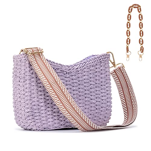 Herald Small Summer Crossbody Bags for Women, Beach Handmade Straw Woven Pocketbooks Handbag Shoulder Purse - color: Purple