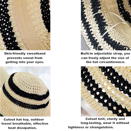 Summer Straw Sun Hat for Women Outdoor Striped Sun Protection Beach Bucket Hat - color: Black