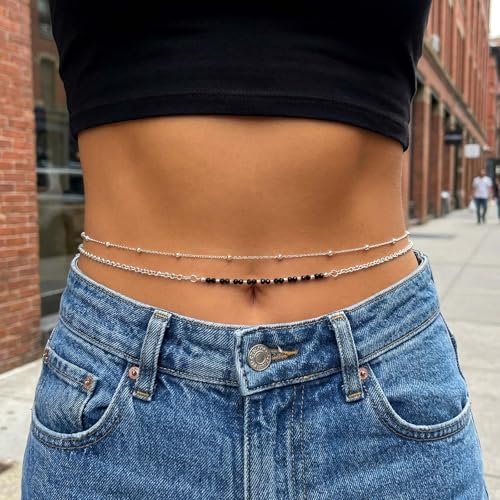 Waist Chain Silver Beads Belly Chain Gold Women Dainty Body Jewelry Accessories for Beach - size: 30+8 inches, style: Silver Black Beads