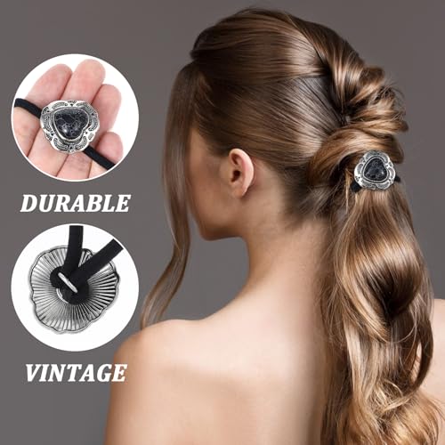 Ouligay 3 Pcs Western Ponytail Holders,Metal Boho Hair Ties with Turquoise,Boho Hair Ties Bracelet Hair Ties No Damage,Vintage Heart Hair Ropes,Silver Hair Bands,Hair Accessories for Women Girl