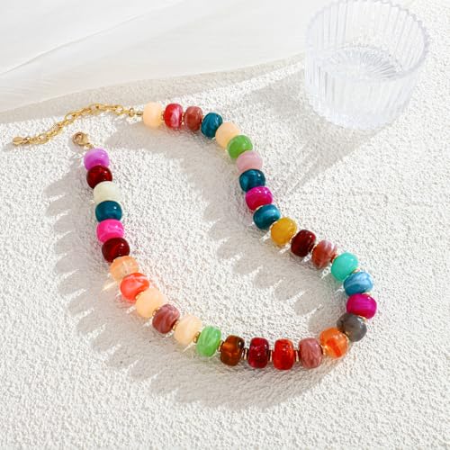 Summer Beach Jewelry Chunky Beaded Necklace for Women Trendy Statement Big Colorful Resin Bead Choker Necklaces Boho Charm Jewelry Cute Gifts for Love - color: Rainbow Colors