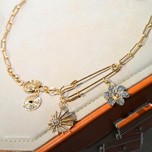 ORIGENCE Sun Heart Necklace for Women 18K Gold Plated Heart Pendant Necklace Chunky Chain Choker Necklaces Hip Hop Charm Necklaces Trendy Unisex Jewelry - style: 4Charm-Gold