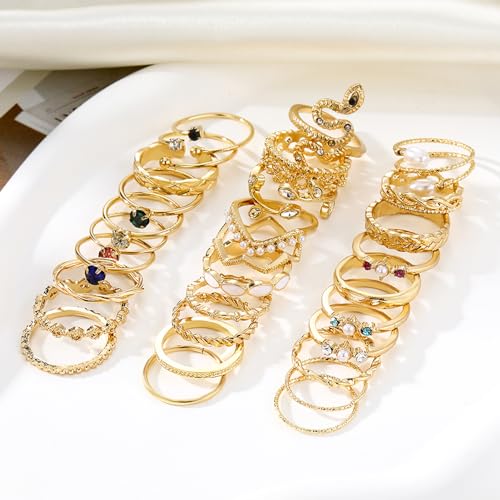 Gold Boho Sparkle Knuckle Rings Set For Women, Vintage Fashion Aesthetic Trendy Joint Snake Ring Pack, Retro Green Black Pink Colorful Rhinestone Star Crystal Leaf Diamond Pearl Jewelry - color: Gold-30Pcs
