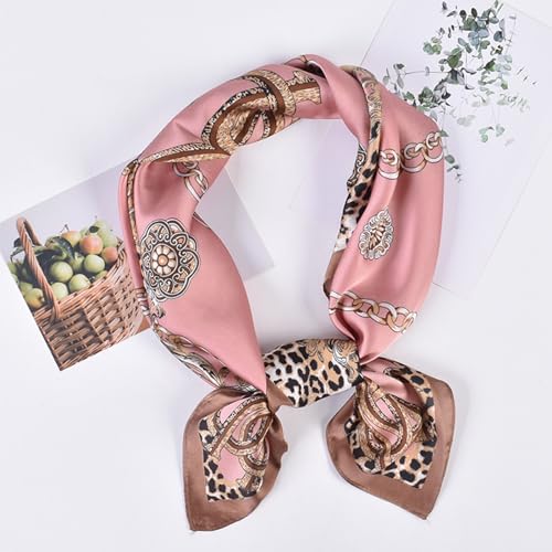 27.5 Inches Silk Head Scarf for Women Satin Hair Scarf Silk Wrap Neck Square Scarves Feeling Scarf Boho Headwear - color: Pink-leopard Print Chain