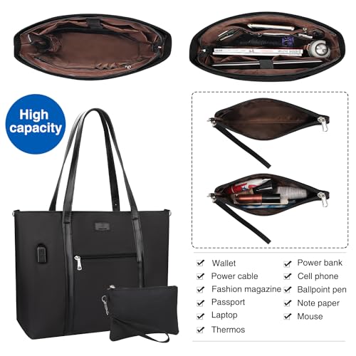 Laptop Tote Bag for Women 17 Inch, Teacher Work Bag with Compartments Business Laptop Bag With 15 Pockets Work Tote Bag - color: 02-black-2pcs