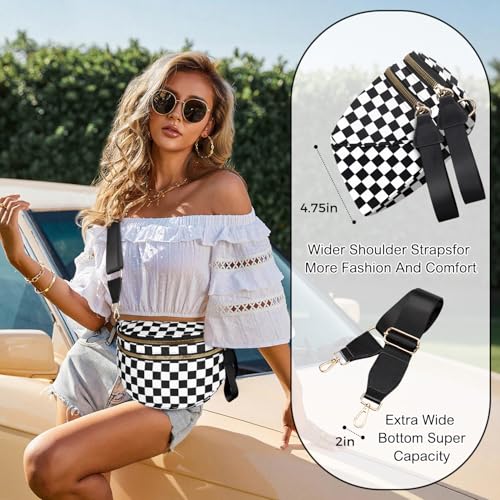 Spacious Nylon Checkered Crossbody Bum Bag for Women, Fashion Checkerboard Fanny Pack Purse with Anti-theft Pocket, Adjustable Wider Strap Wasit Bag (Black-White) - color: black-white