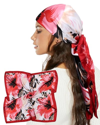 AWAYTR 35” Satin Head Scarf for Women Like Silk Scarf Hair Bandanas Women Large Square Neck Scarf Headscarf Head Wrap - color: Red
