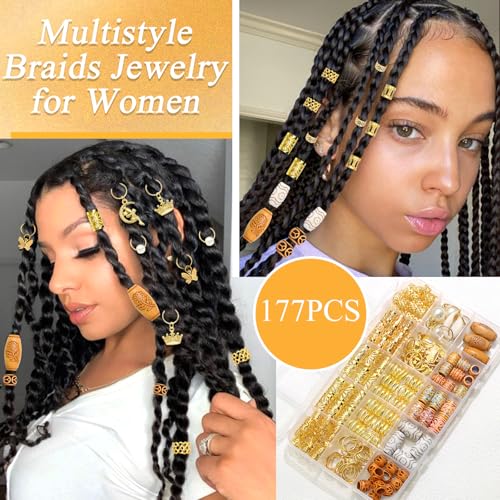 177PCS Hair Jewelry for Braids Gold Dreadlock Cuffs Shell Loc Charms Colorful Wooden Hair Beads Metal Braids Clips Braids Accessories for Women and Girls